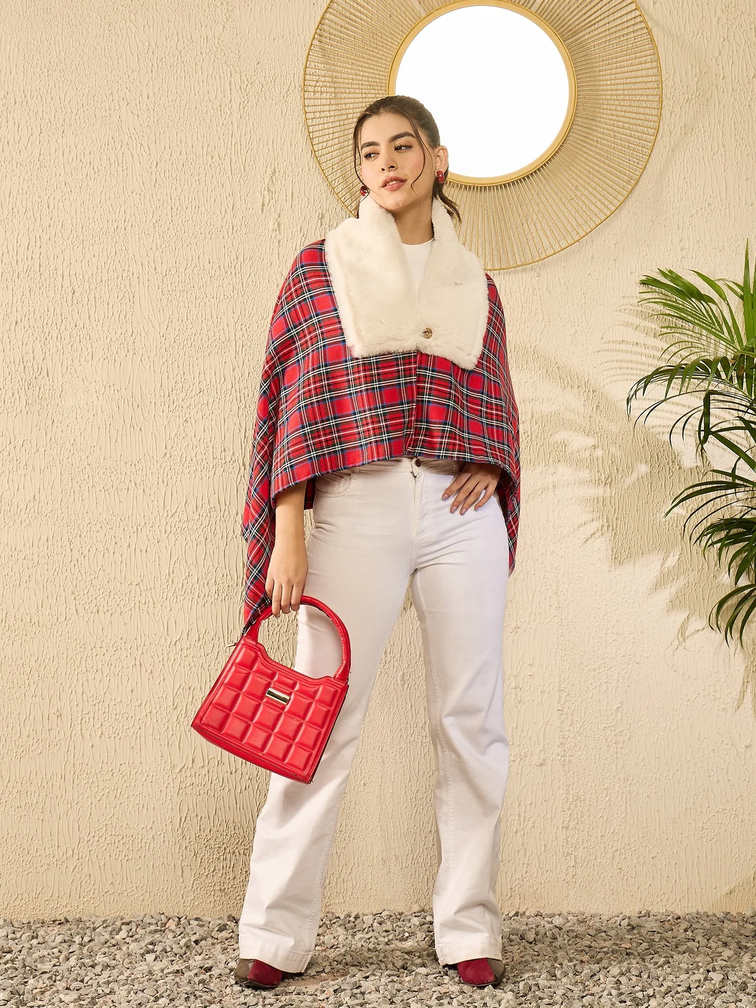 Red Green Check Cream Fur Poncho