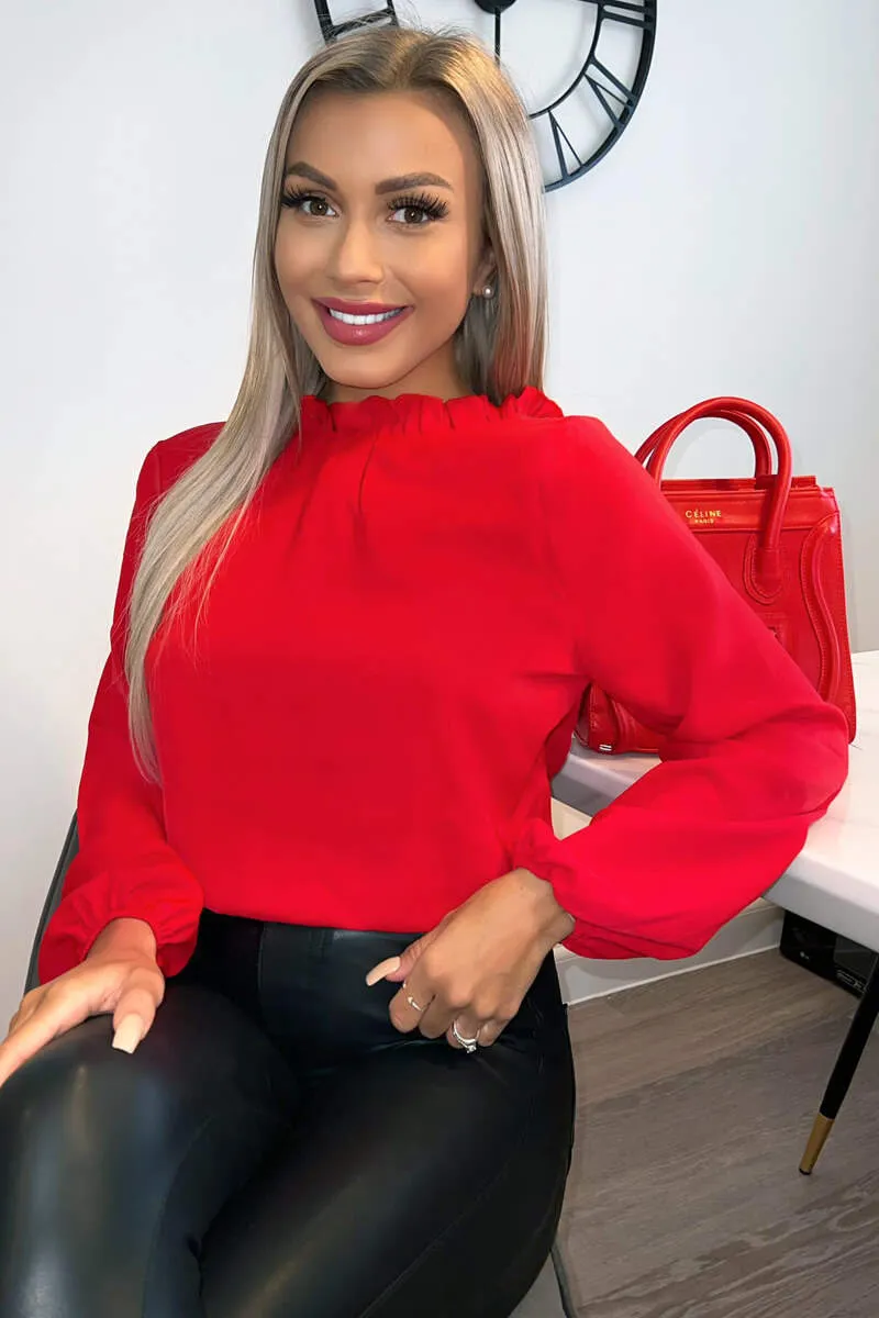 Red Ruffle High Neck Long Sleeve Top