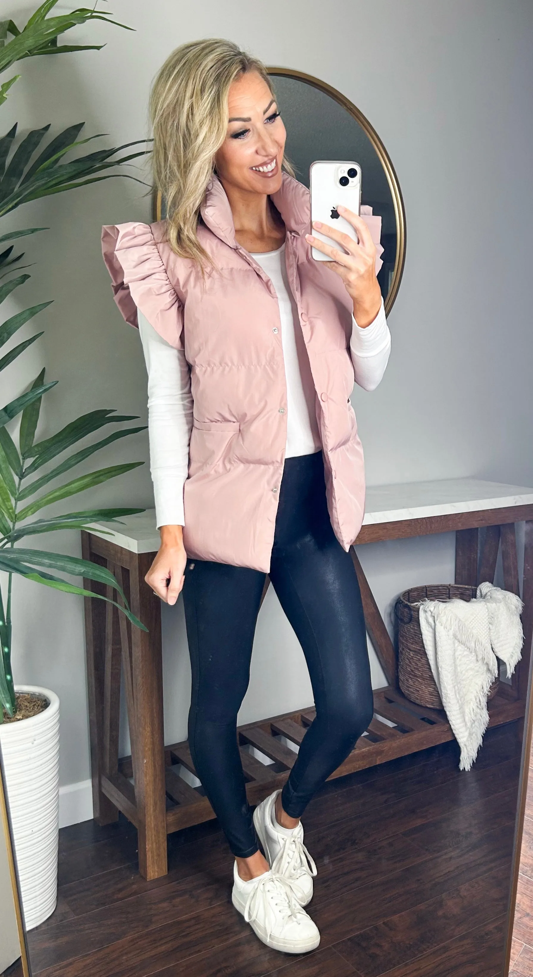 Remi Ruffle Sleeve Oversized Down Vest (Light Mauve)