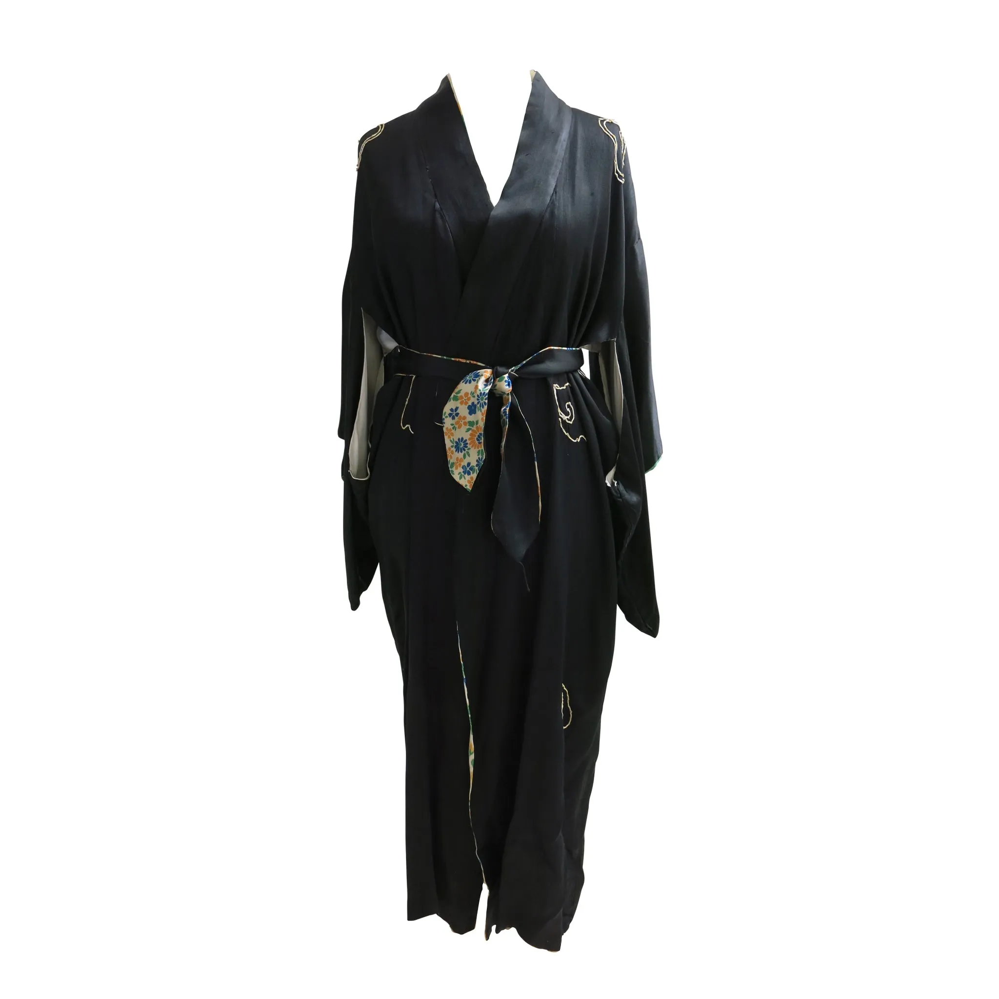 Reversible Gold Embroidered Black Silk Vintage Kimono
