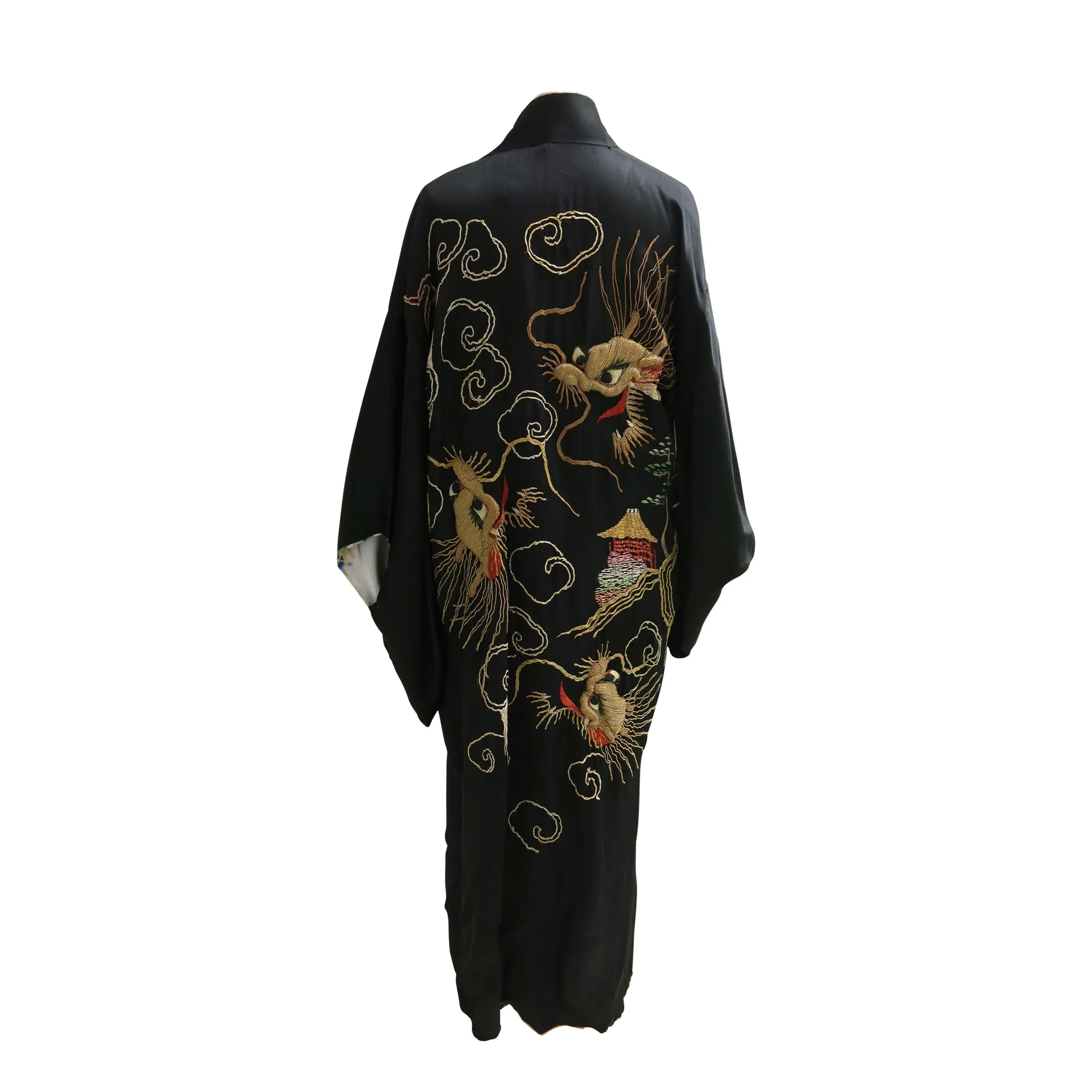 Reversible Gold Embroidered Black Silk Vintage Kimono