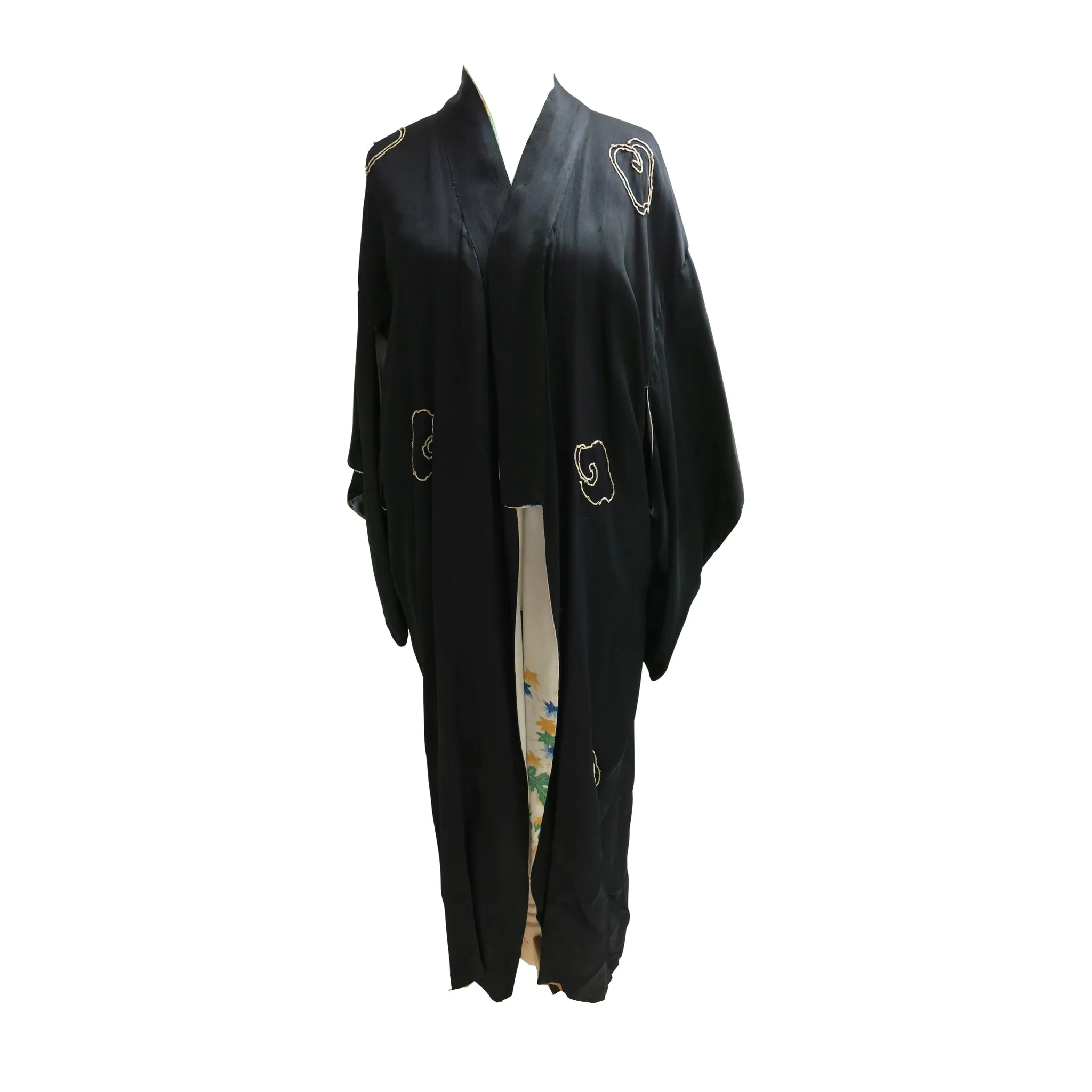 Reversible Gold Embroidered Black Silk Vintage Kimono
