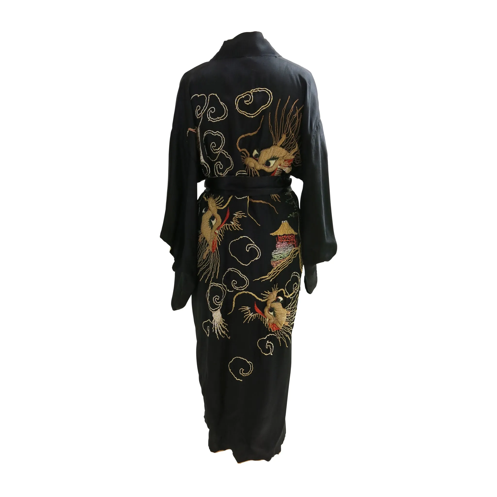 Reversible Gold Embroidered Black Silk Vintage Kimono