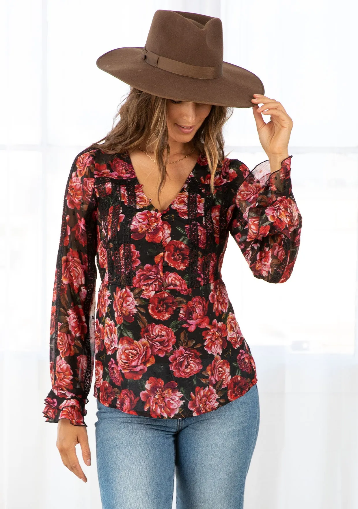 Rose Floral Print Clip Dot Long Sleeve Blouse