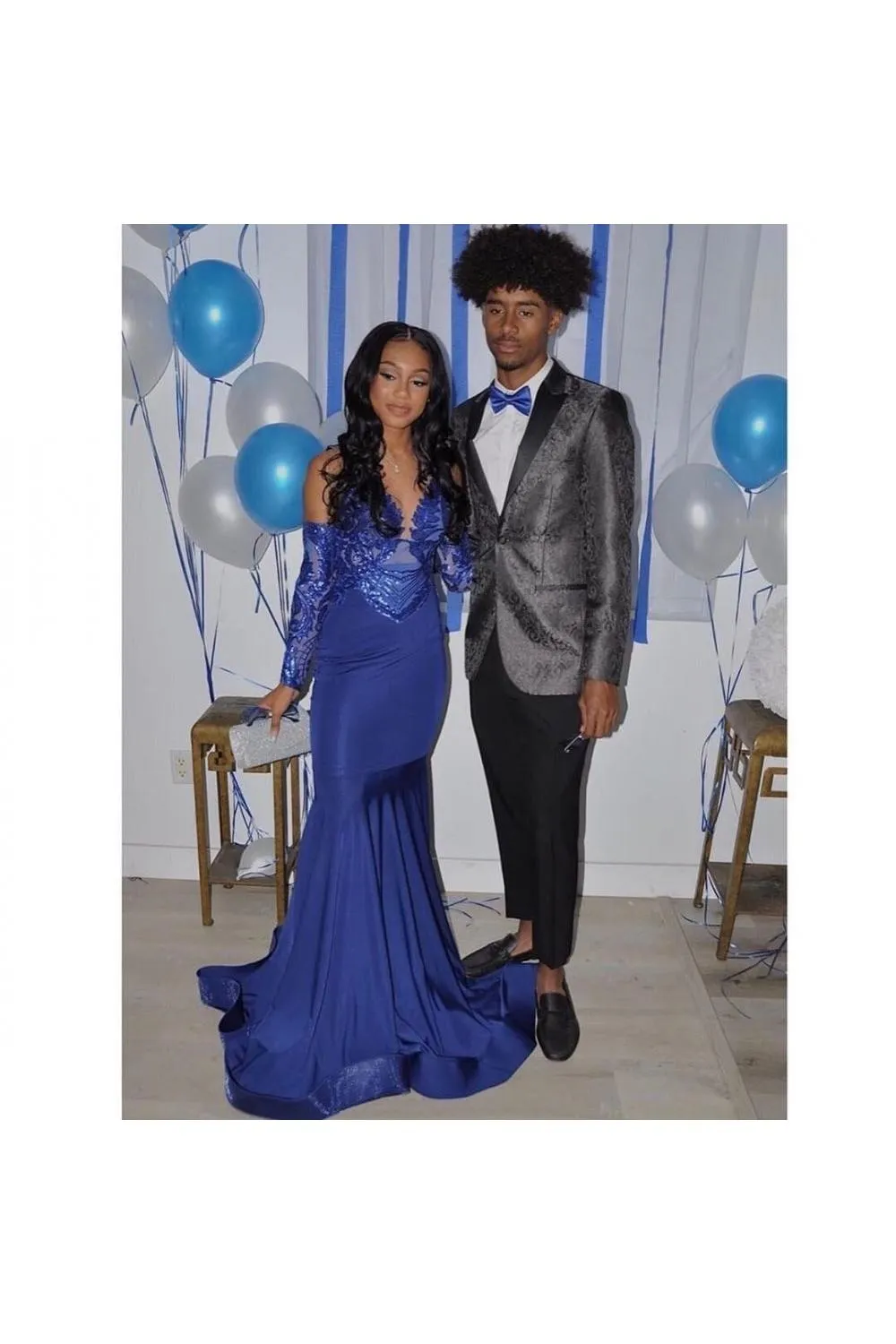 Royal Blue Mermaid Prom Party Gowns Sequined V-Neck Party Wear