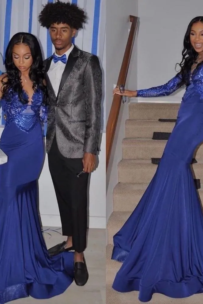 Royal Blue Mermaid Prom Party Gowns Sequined V-Neck Party Wear