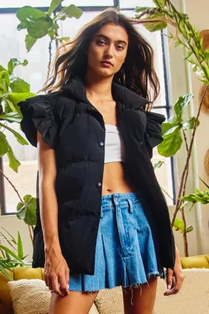 Ruffle Sleeve Puffer Vest - Black - Restock!