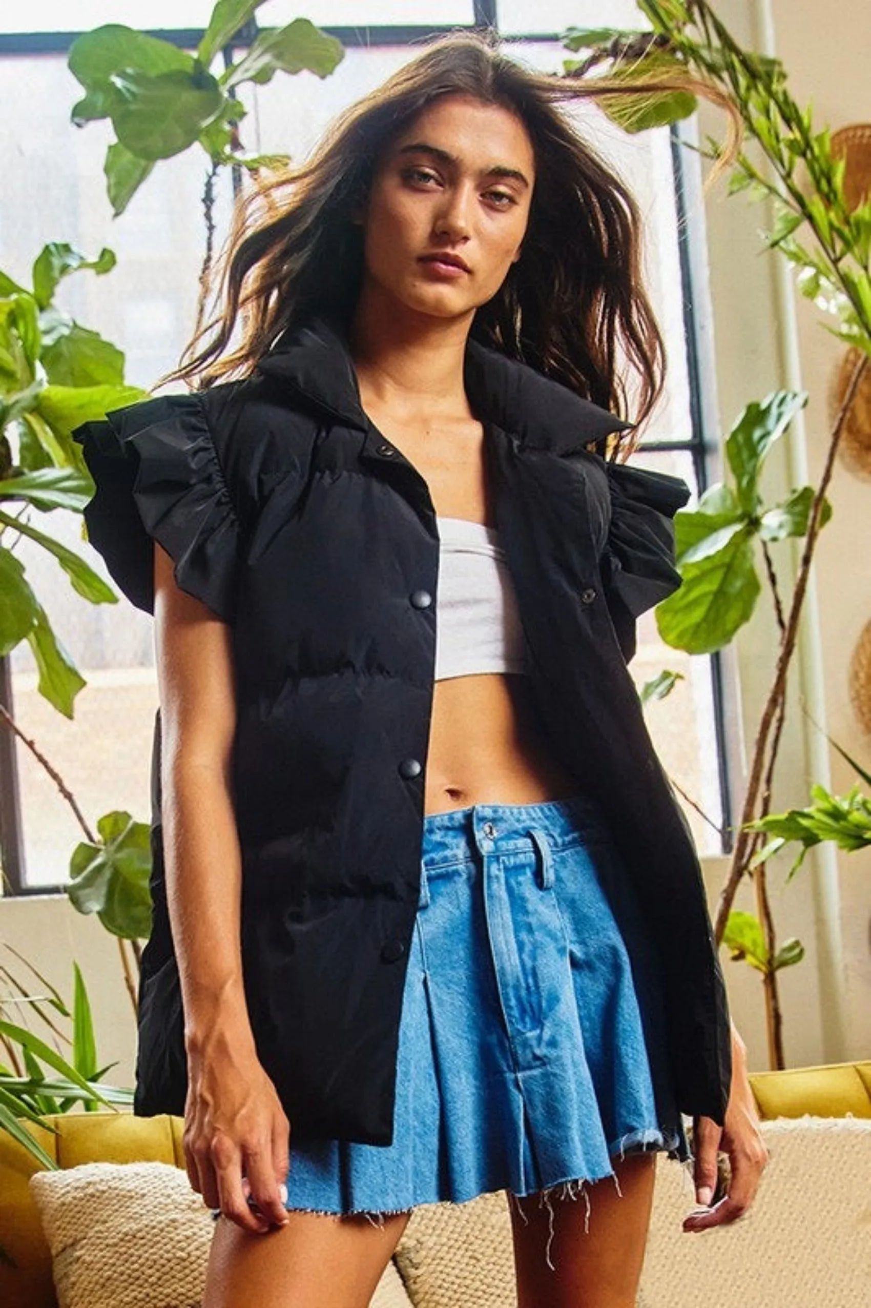 Ruffle Sleeve Puffer Vest - Black - Restock!