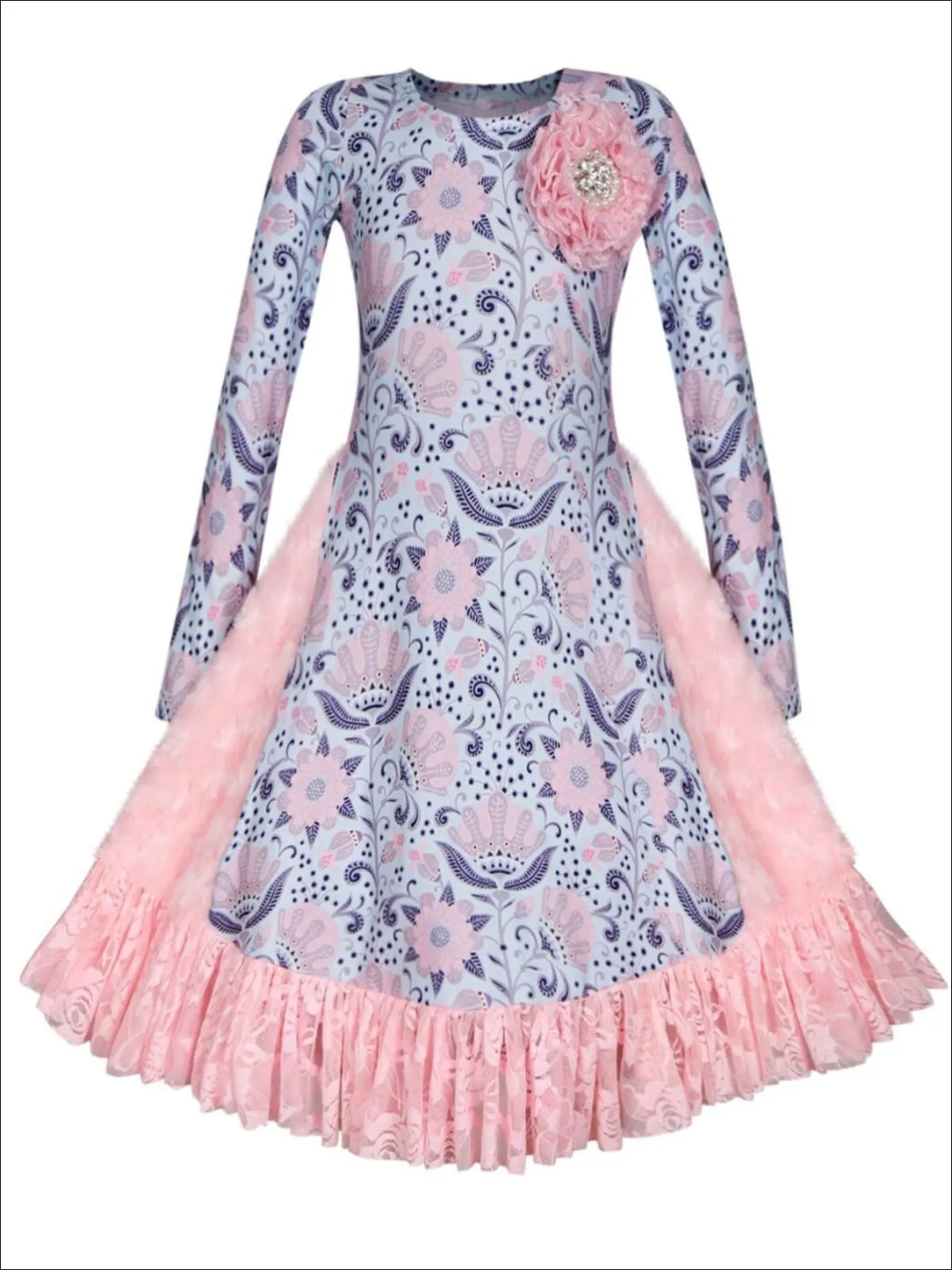 Ruffled Rosebud Lace Side Inserts Flare Dress