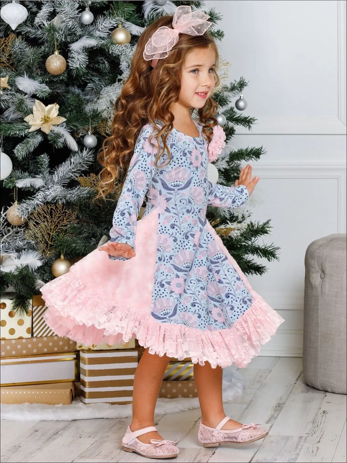 Ruffled Rosebud Lace Side Inserts Flare Dress