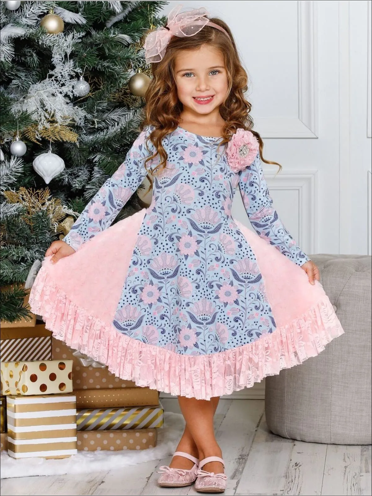Ruffled Rosebud Lace Side Inserts Flare Dress