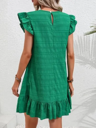 Ruffled Round Neck Cap Sleeve Mini Dress