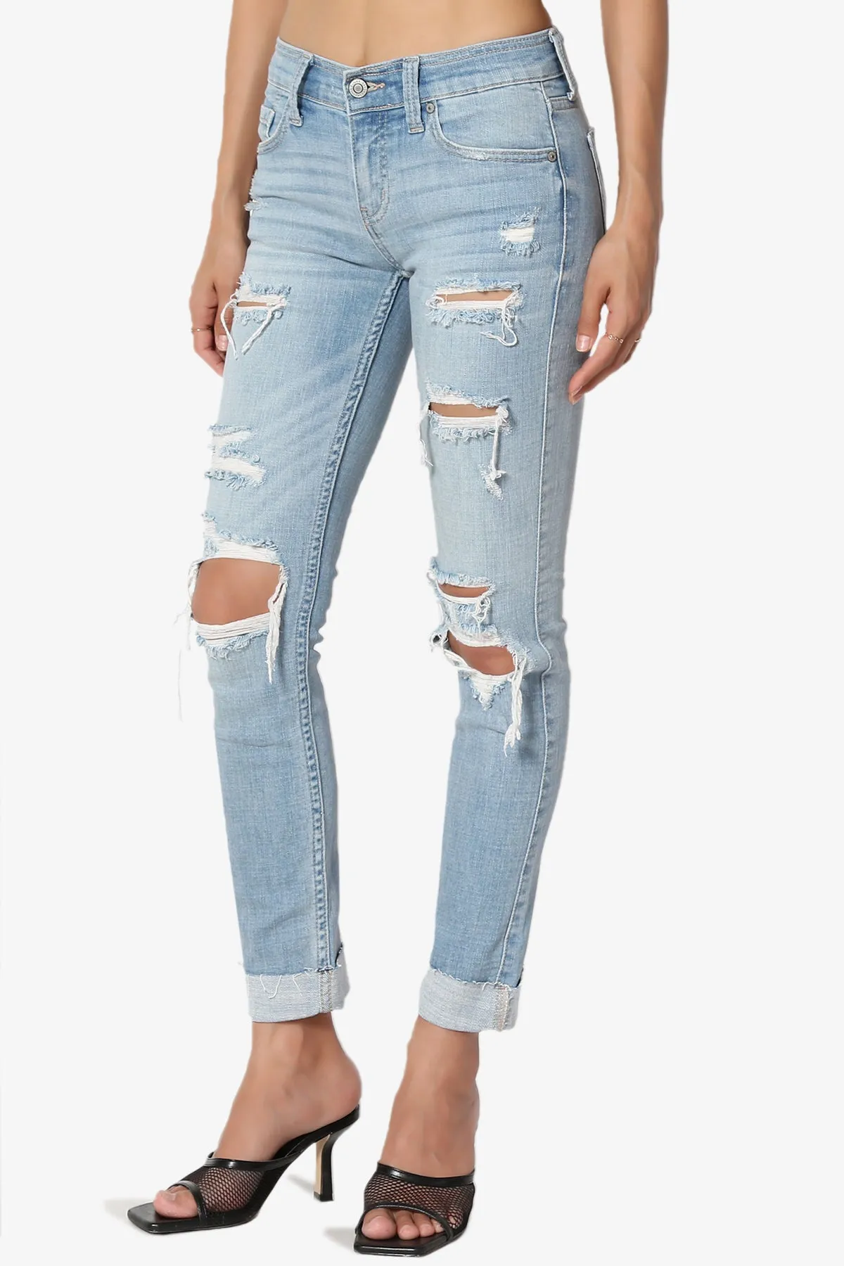 Sasha Distressed Cuffed Mid Rise Skinny Jeans
