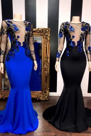See Through Long Sleevess Flowers Mermaid Prom Dresses