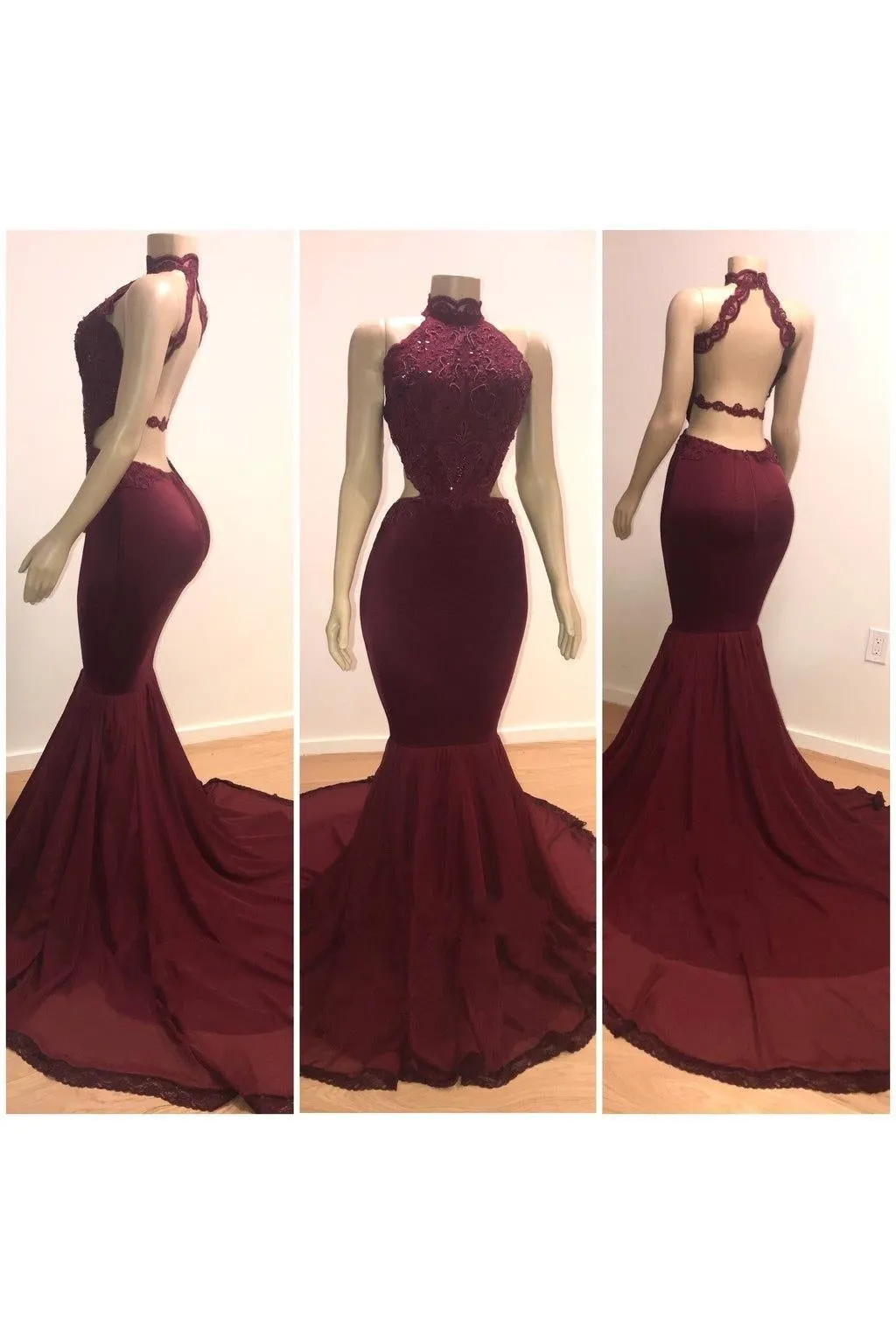 Sexy Backless Halter Mermaid Prom Dress Burgundy Long Chiffon Backless