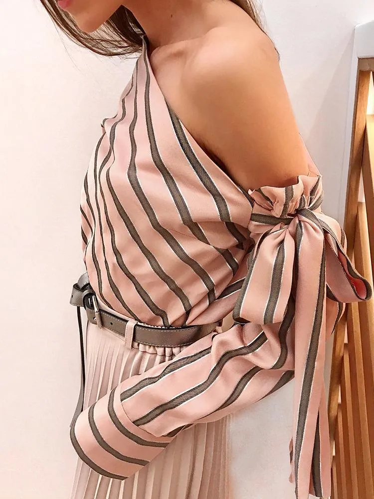 Sexy Cross-Shoulder Strapless Striped Long Sleeve Shirt