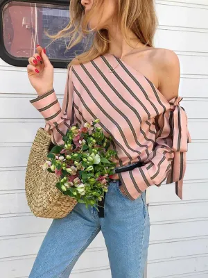 Sexy Cross-Shoulder Strapless Striped Long Sleeve Shirt