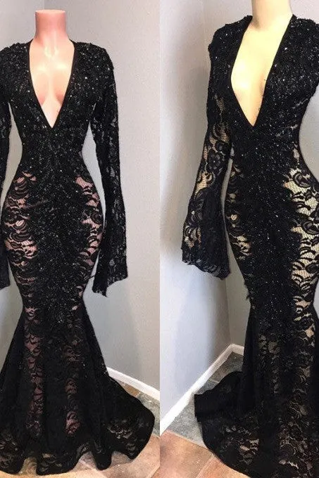 Sexy Long Sleeves Black Mermaid Prom Dress Lace V-neck Long