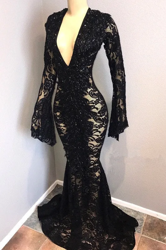 Sexy Long Sleeves Black Mermaid Prom Dress Lace V-neck Long