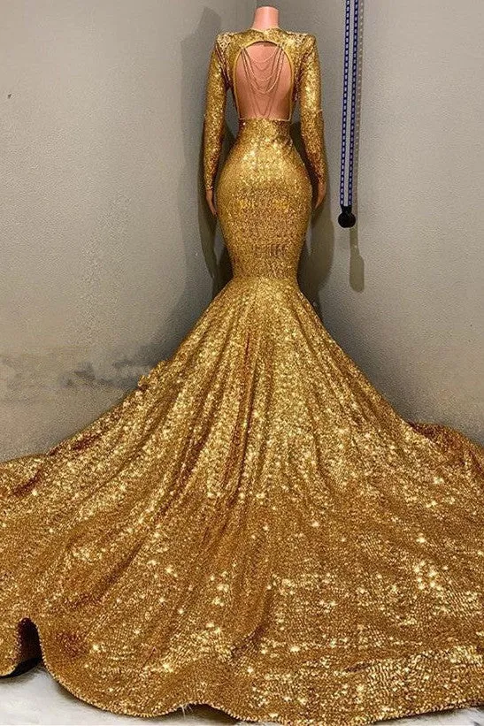 Sexy Long Sleeves Gold Mermaid Prom Dress Sequins V-neck Backless Long