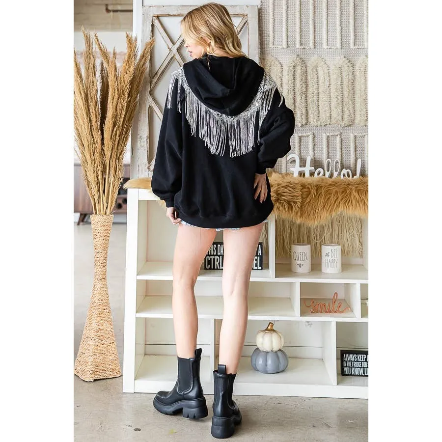 Silver Sequin Fringed Detail Hooded Jacket: Black
