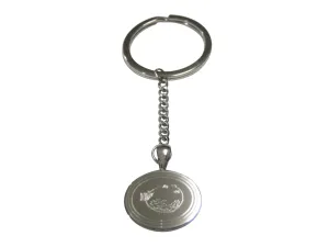 Silver Toned Oval Etched Blowfish Fugu Puffer Fish Pendant Keychain