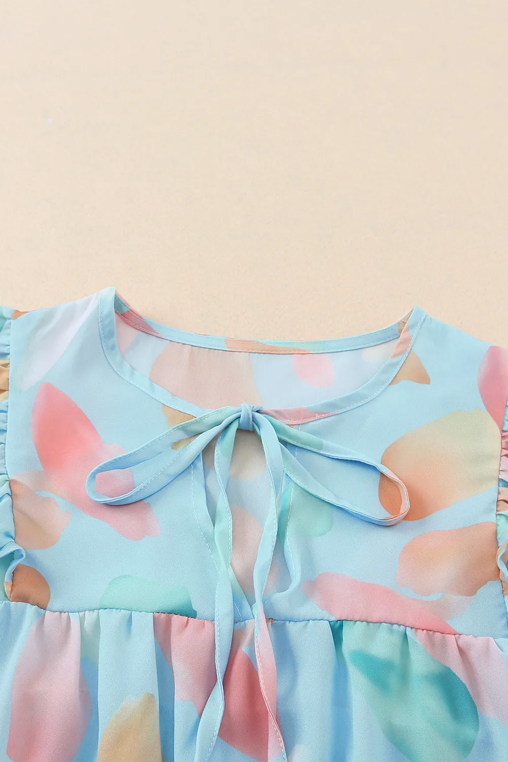 Sky Blue Splotches Pattern Ruffled Cap Sleeve Shift Top