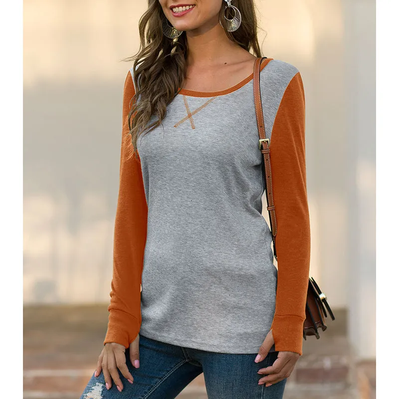 Slim T-shirt Round Neck Long Sleeve Stitching Top