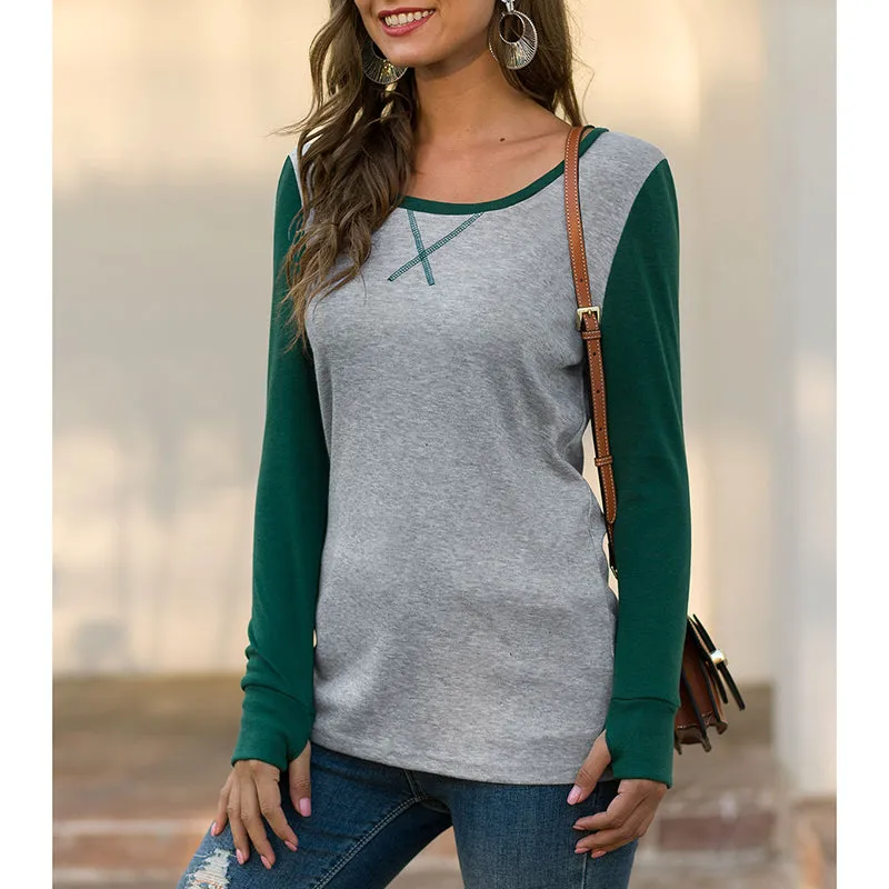 Slim T-shirt Round Neck Long Sleeve Stitching Top