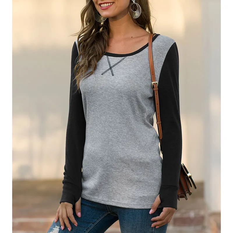 Slim T-shirt Round Neck Long Sleeve Stitching Top