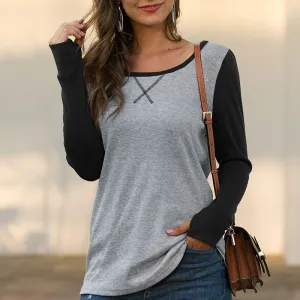 Slim T-shirt Round Neck Long Sleeve Stitching Top