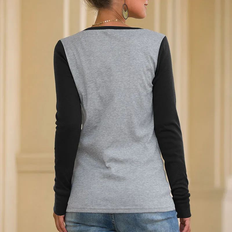 Slim T-shirt Round Neck Long Sleeve Stitching Top