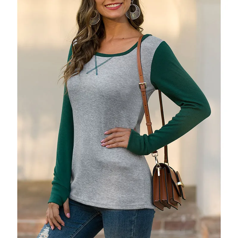 Slim T-shirt Round Neck Long Sleeve Stitching Top