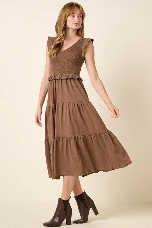 Smocked Ruffled Tiered Midi Dress