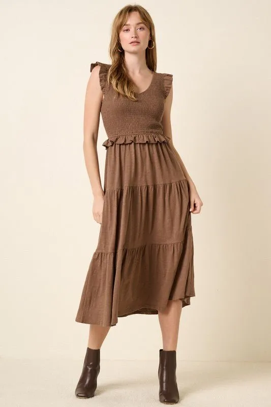Smocked Ruffled Tiered Midi Dress