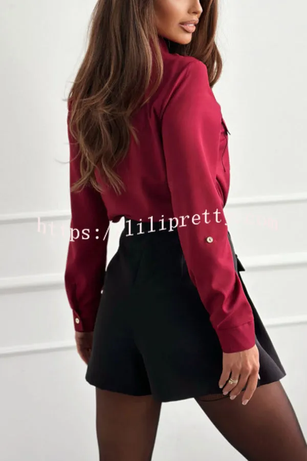 Solid Color Button Pocket Long Sleeve Casual Shirt