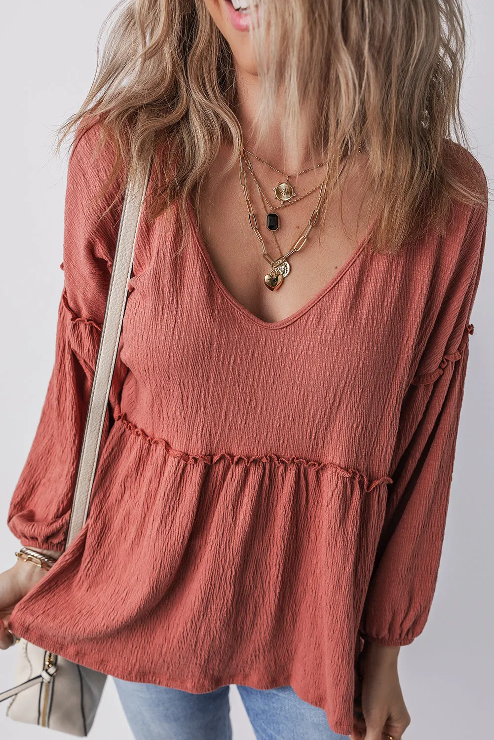 Solid Color V Neck Puff Sleeve Blouse