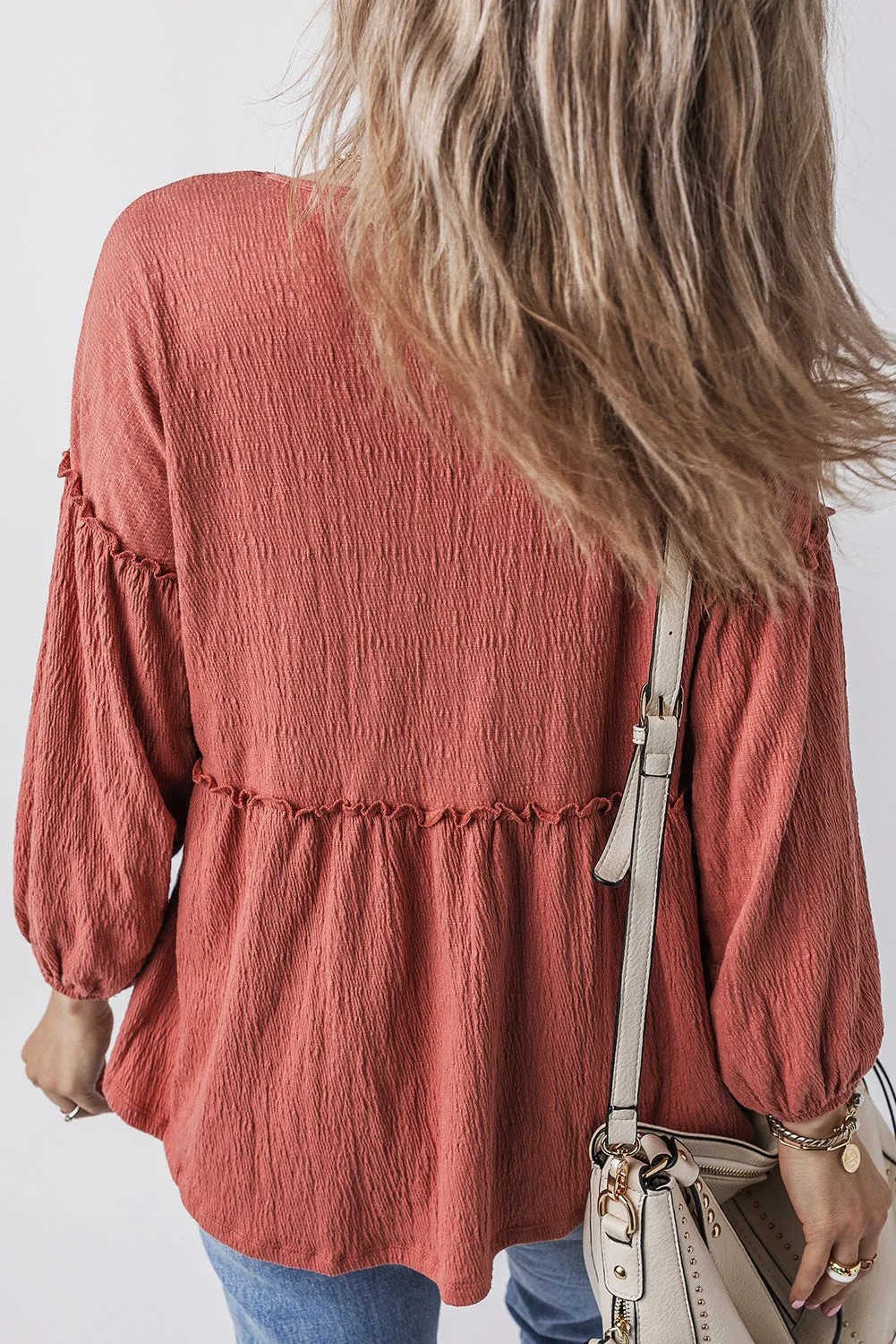 Solid Color V Neck Puff Sleeve Blouse