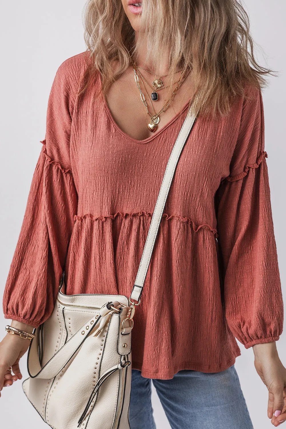 Solid Color V Neck Puff Sleeve Blouse
