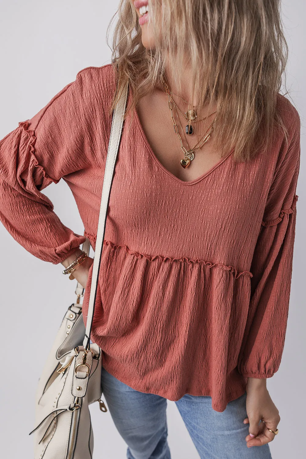 Solid Color V Neck Puff Sleeve Blouse