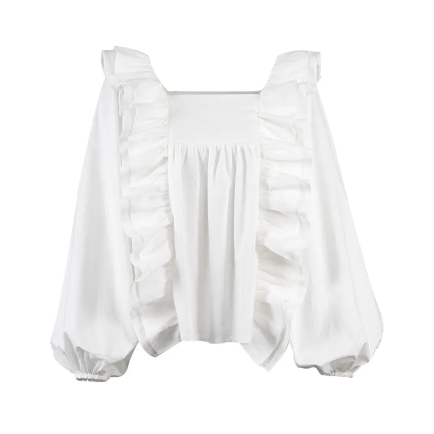 Square Collar Ruffled Lantern Sleeve Shirts Blouses