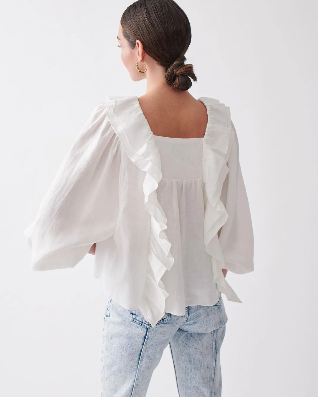 Square Collar Ruffled Lantern Sleeve Shirts Blouses