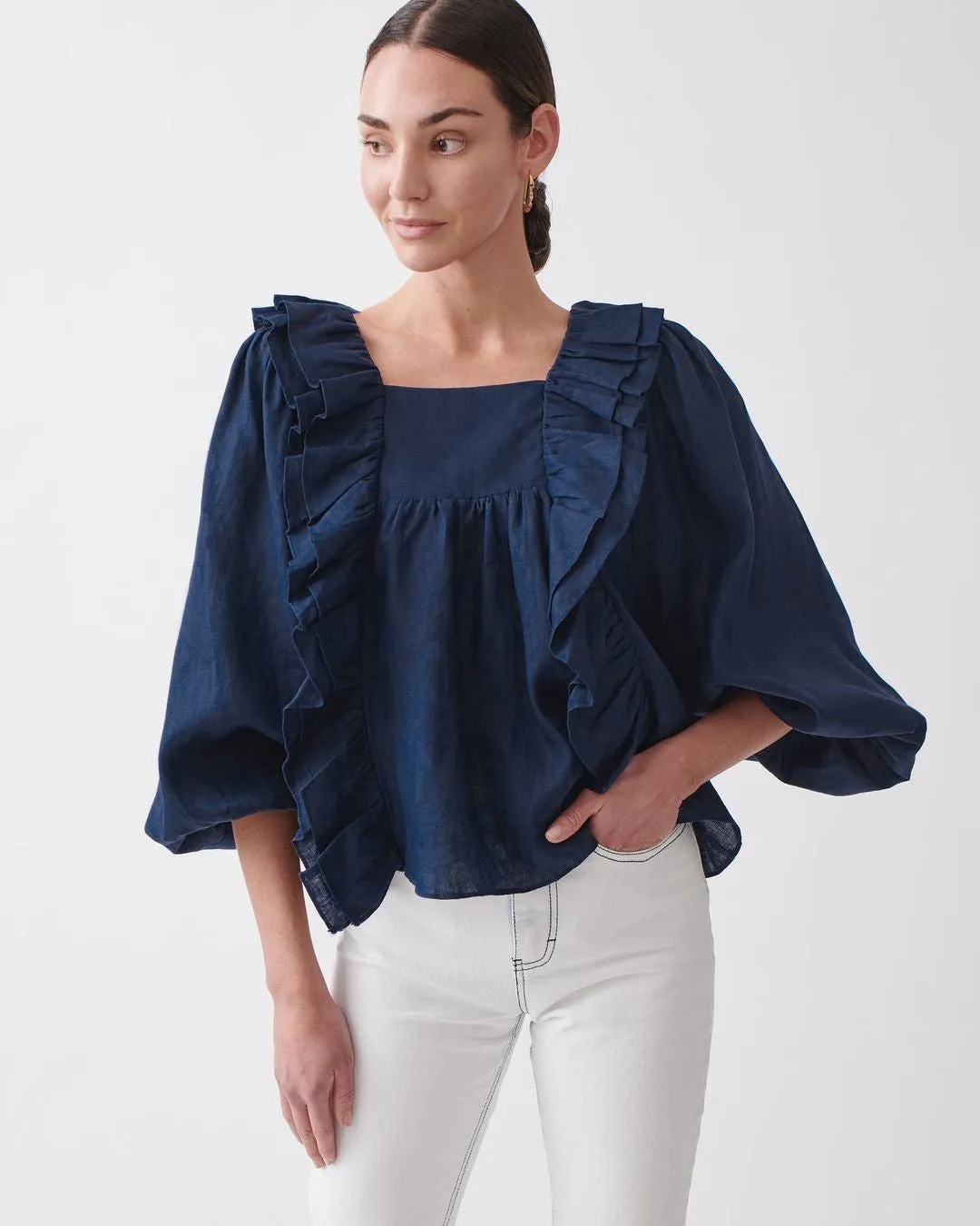 Square Collar Ruffled Lantern Sleeve Shirts Blouses