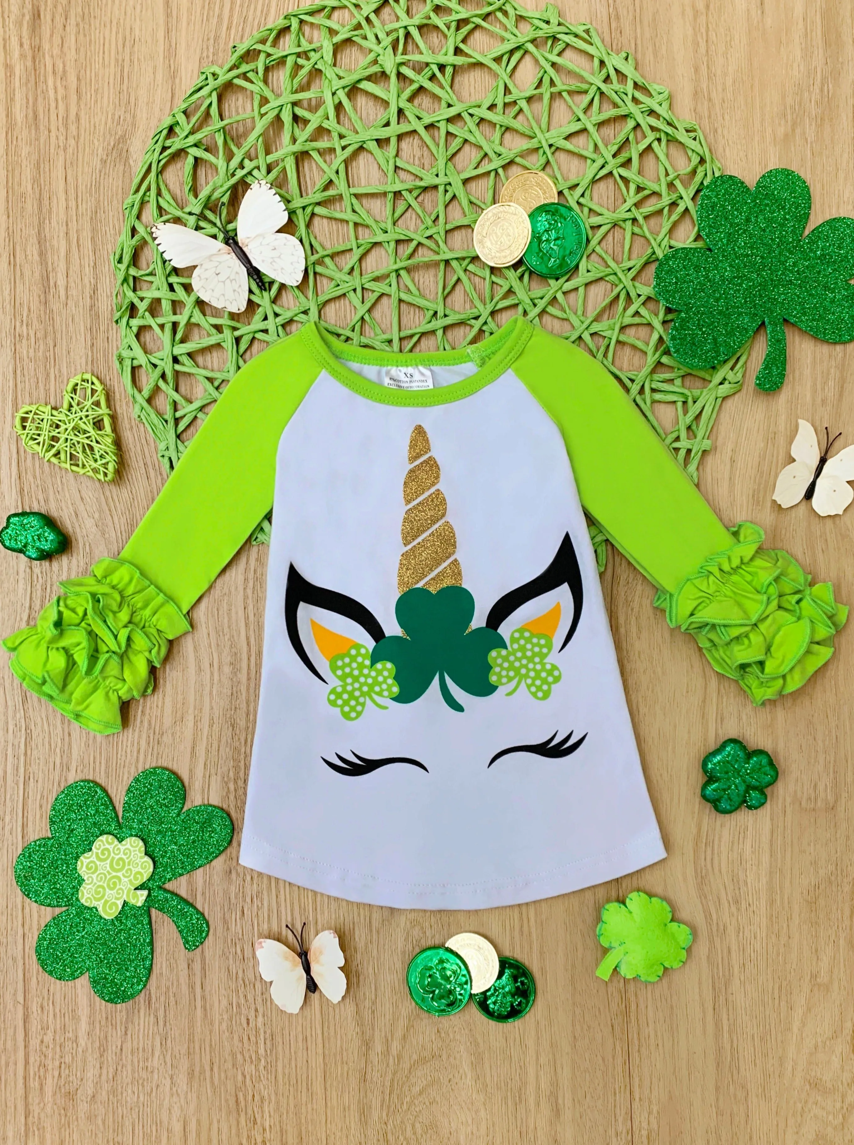 St. Paddy's Unicorn Ruffle Raglan Top