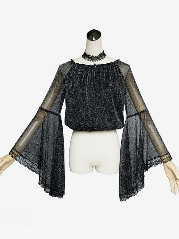 Steampunk Lolita Blouses Lolita Top Black Long Sleeves Lace Lolita Shirt