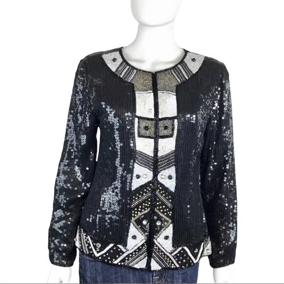 Stenay Beaded &amp; Sequined Silk Black &amp; White Geometric Design Blazer