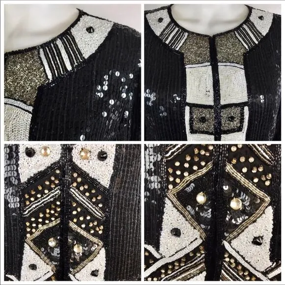 Stenay Beaded &amp; Sequined Silk Black &amp; White Geometric Design Blazer