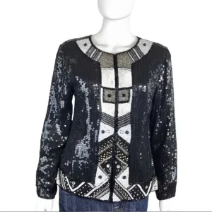 Stenay Beaded &amp; Sequined Silk Black &amp; White Geometric Design Blazer