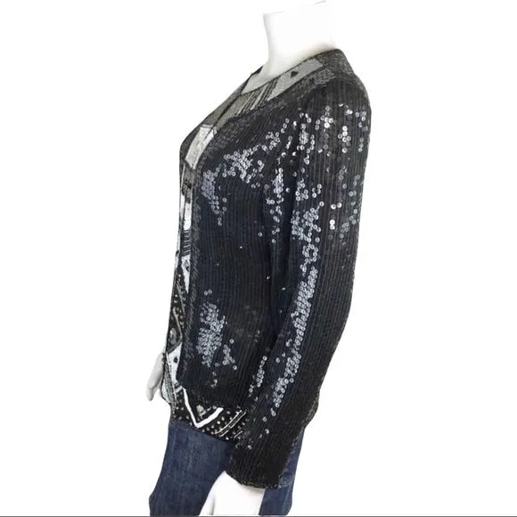 Stenay Beaded &amp; Sequined Silk Black &amp; White Geometric Design Blazer