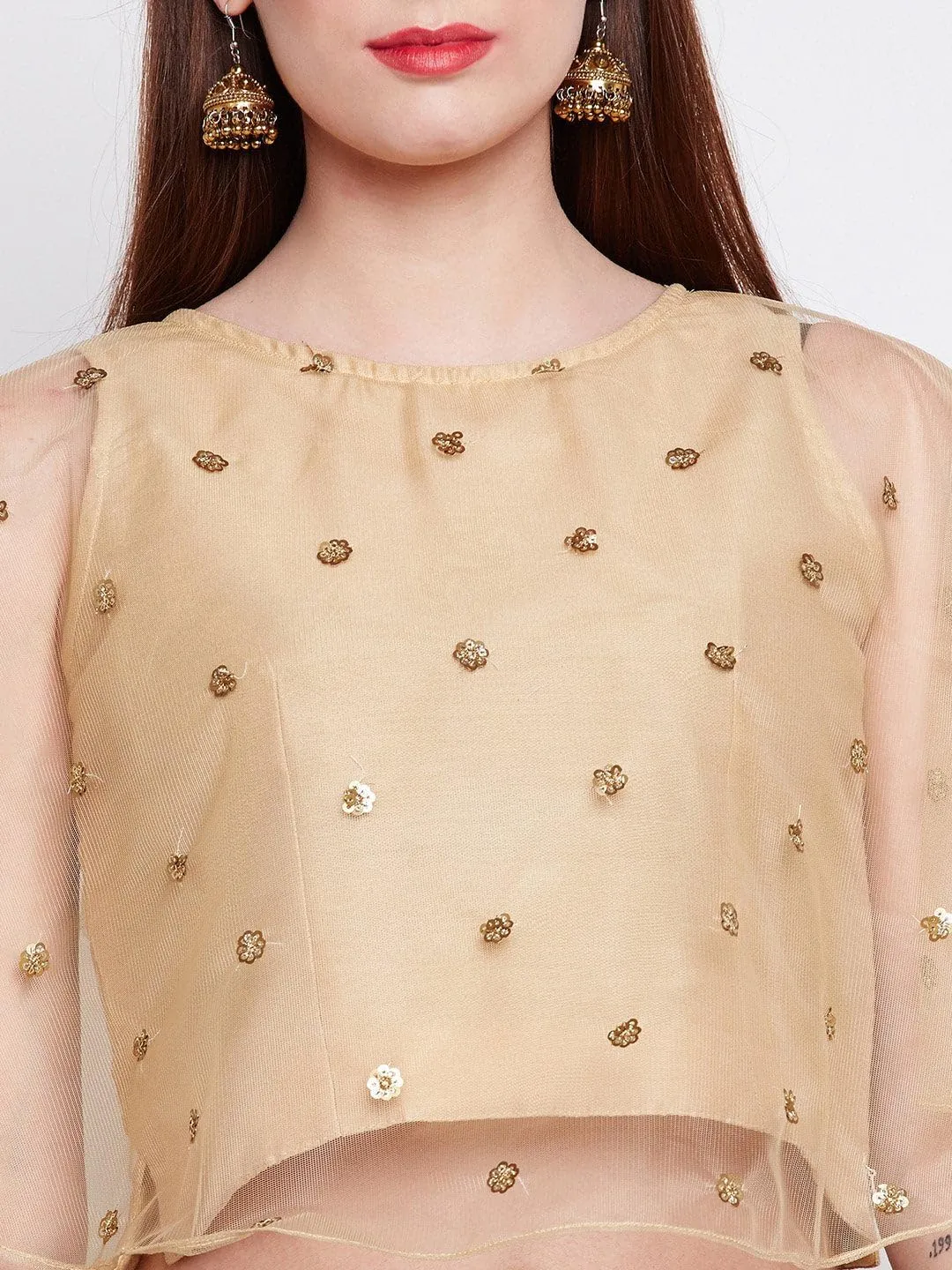 studio rasa Women's Girl Net Sequins Embroidered Cape Top for Wedding Party Festive (TPWC119112XXL_Beige_XX-Large)